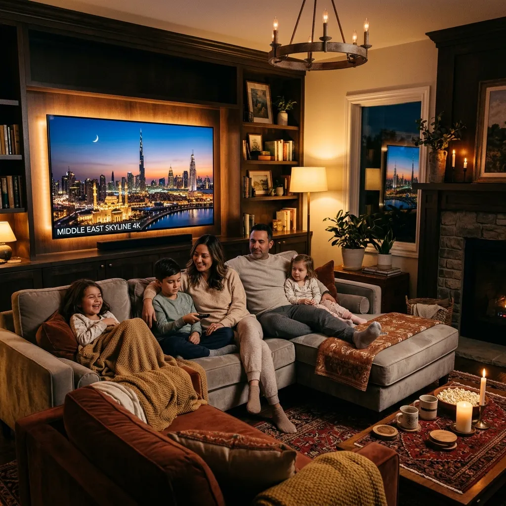 Family watching premium Arabic IPTV channels on a large smart TV