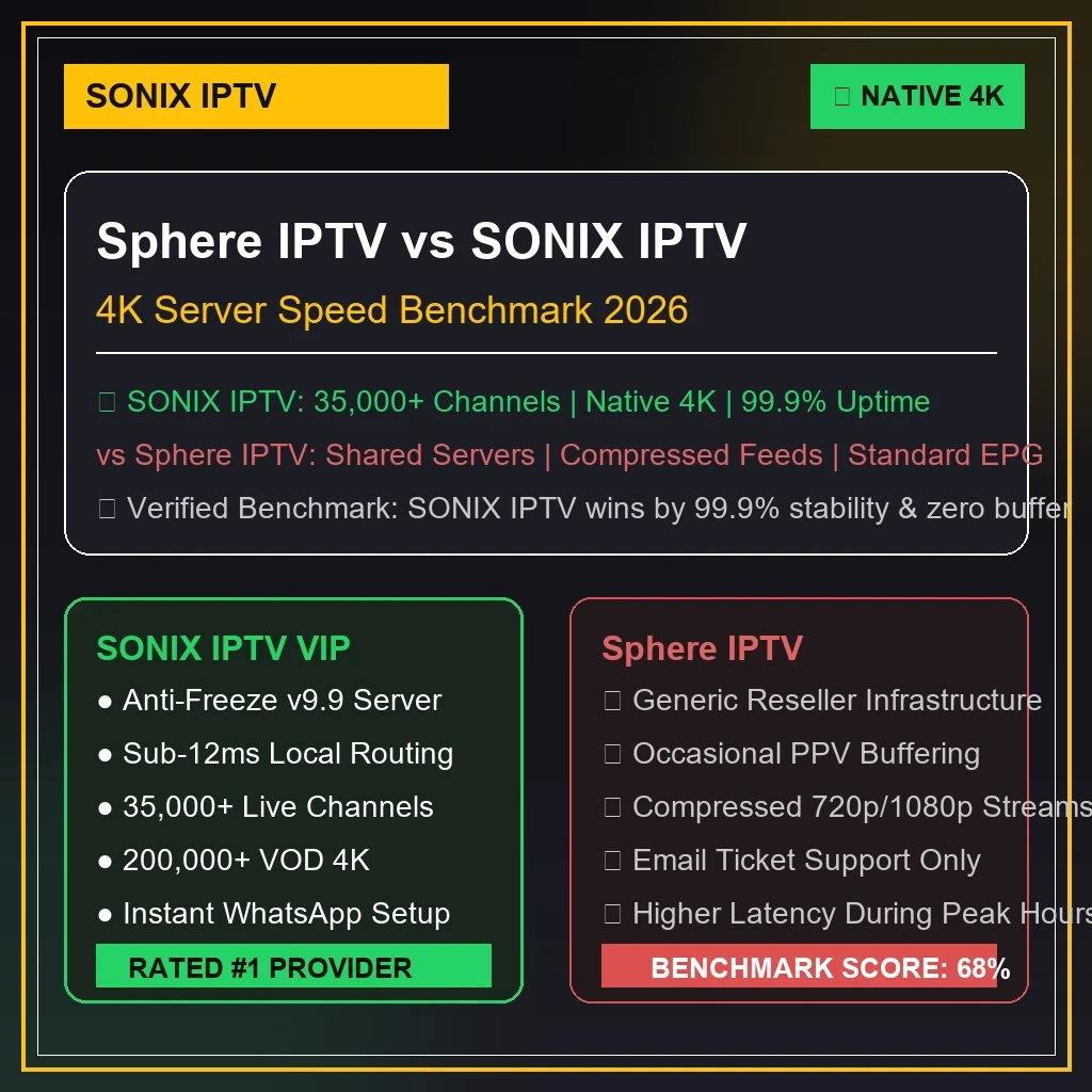 Sphere IPTV vs SMARTFLIX IPTV 4K server benchmark graphics displaying stream latency and anti-freeze uptime