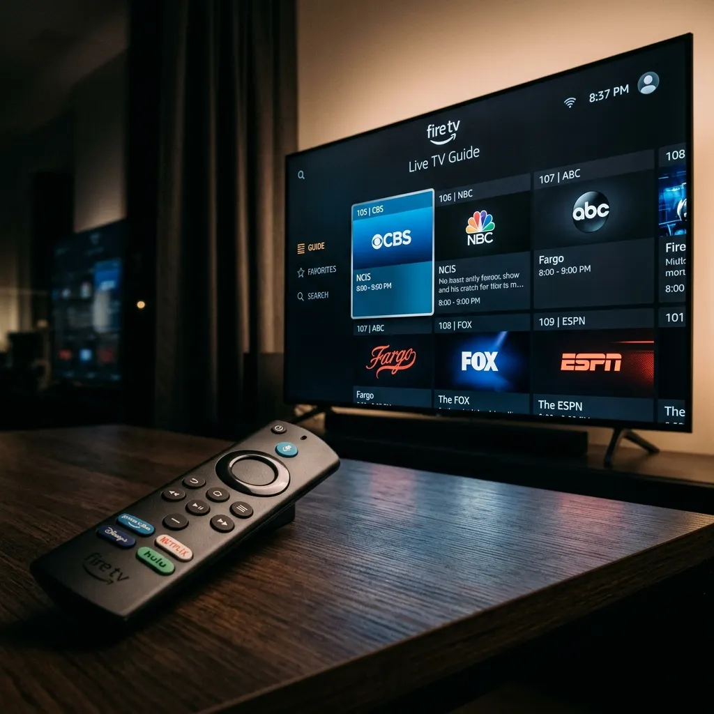 Amazon Firestick remote next to a TV showing TiviMate IPTV interface